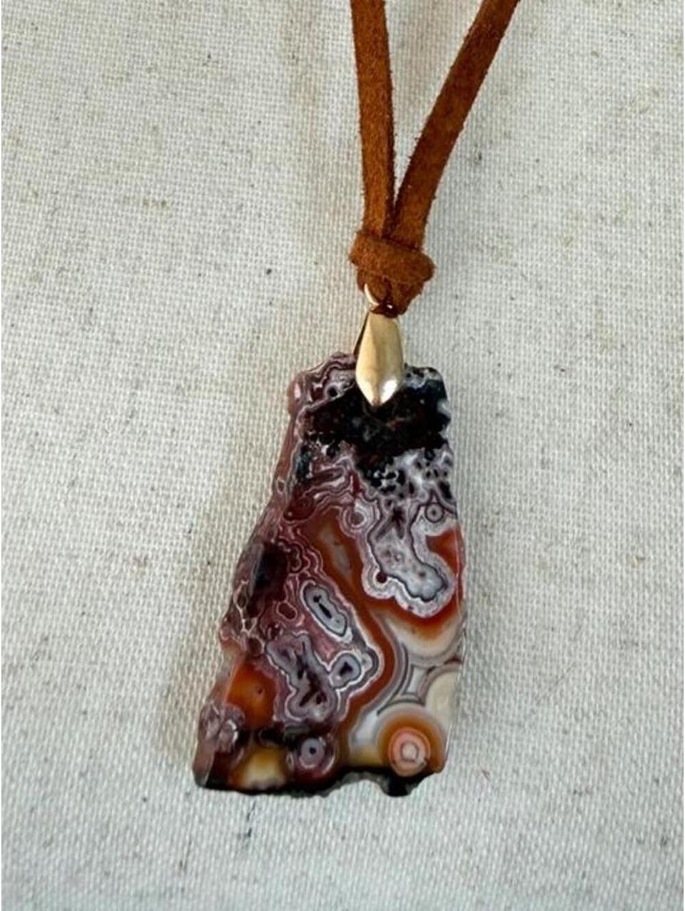 Crazy Lace Agate Stone Suede Cord Necklace